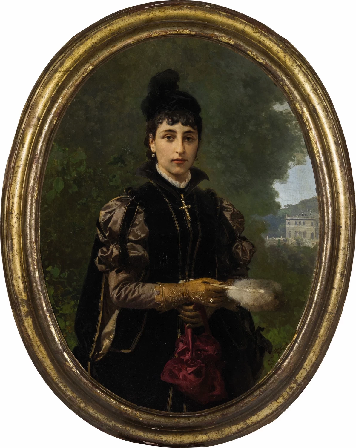 Ritratto di donna Ester Piaggio Pastorino, Villa Pinelli Gentile sullo sfondo